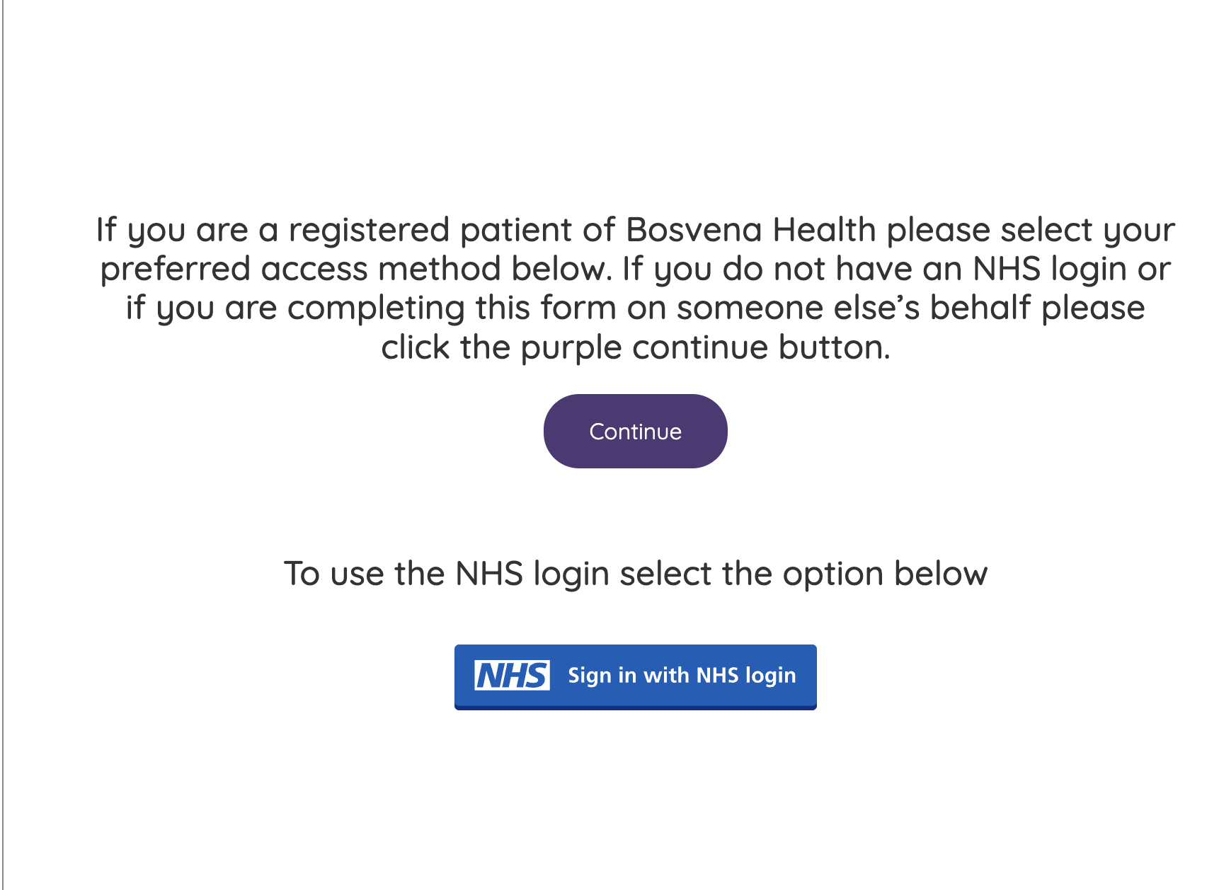 Klinik login screen showing Continue button and NHS login option