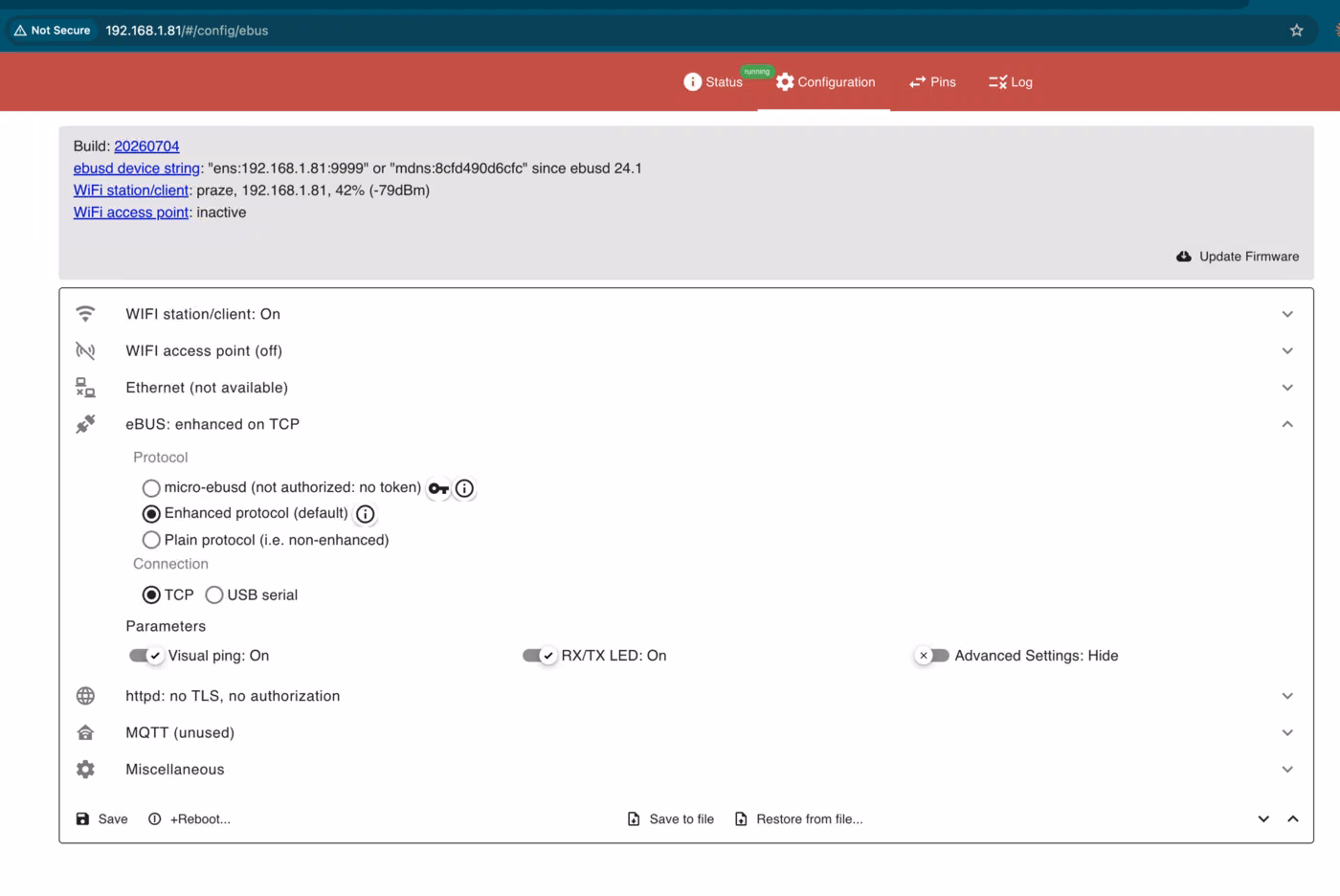 The adapter's web configuration page showing eBUS enhanced protocol over TCP
