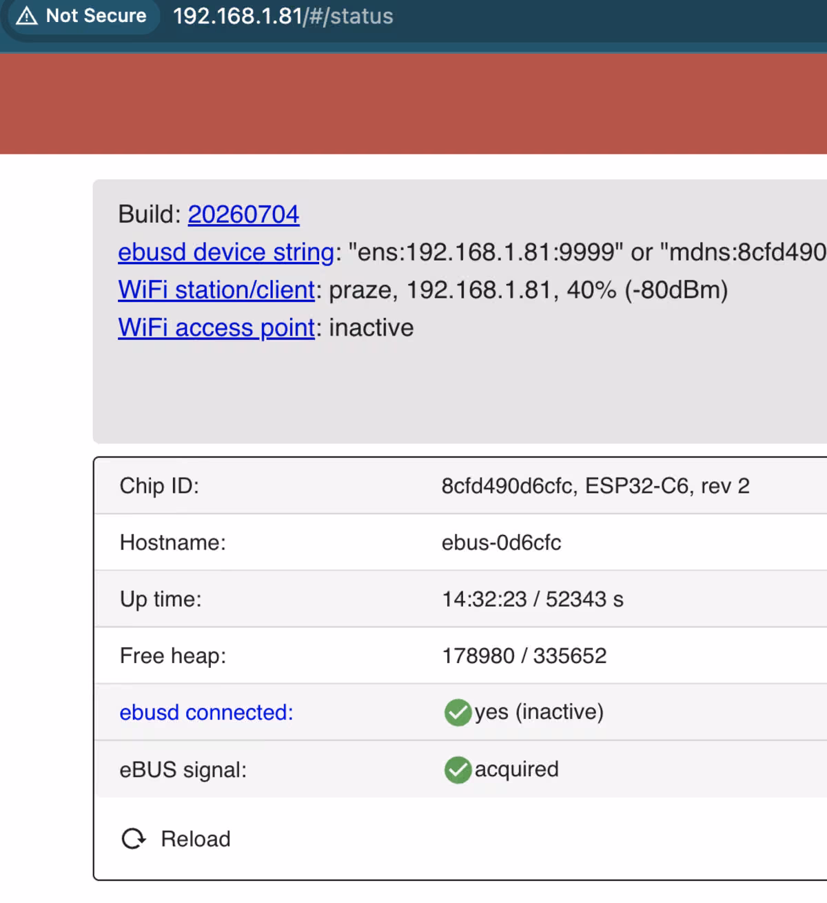 Adapter status page showing eBUS signal acquired