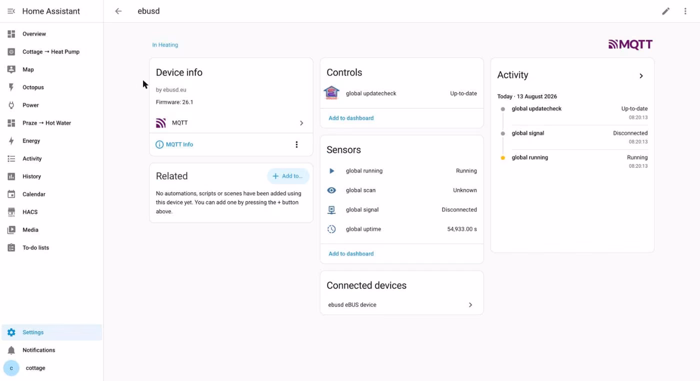 Home Assistant showing the ebusd device with global running, scan, signal and uptime sensors