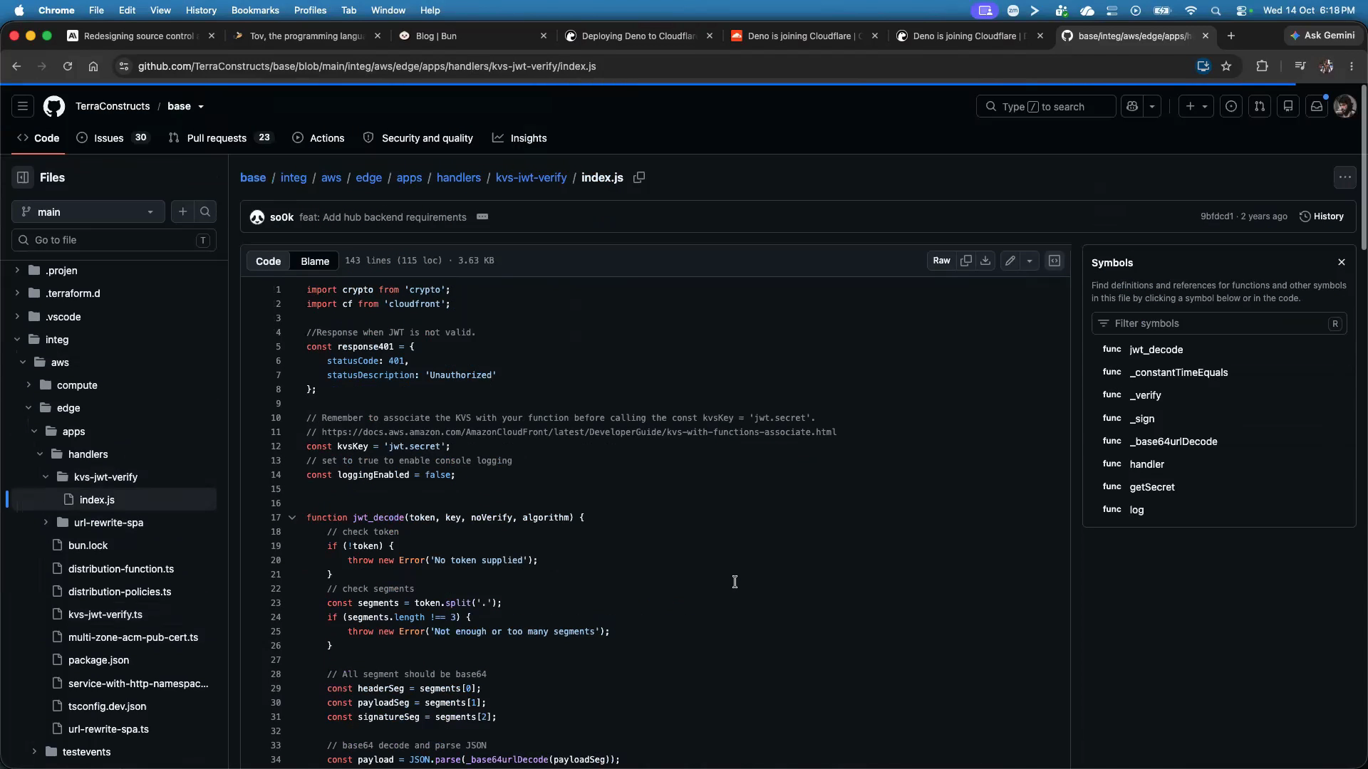 A CloudFront Functions code example during the edge-runtime discussion